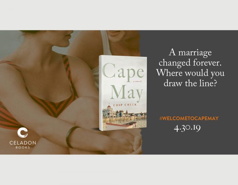 A woman sitting in a contemplative pose, holding a copy of "cape may" by chip cheek, with the intriguing tagline "a marriage changed forever. where would you draw the line?" highlighted, accompanied by a promotional hashtag and release date for the book.
