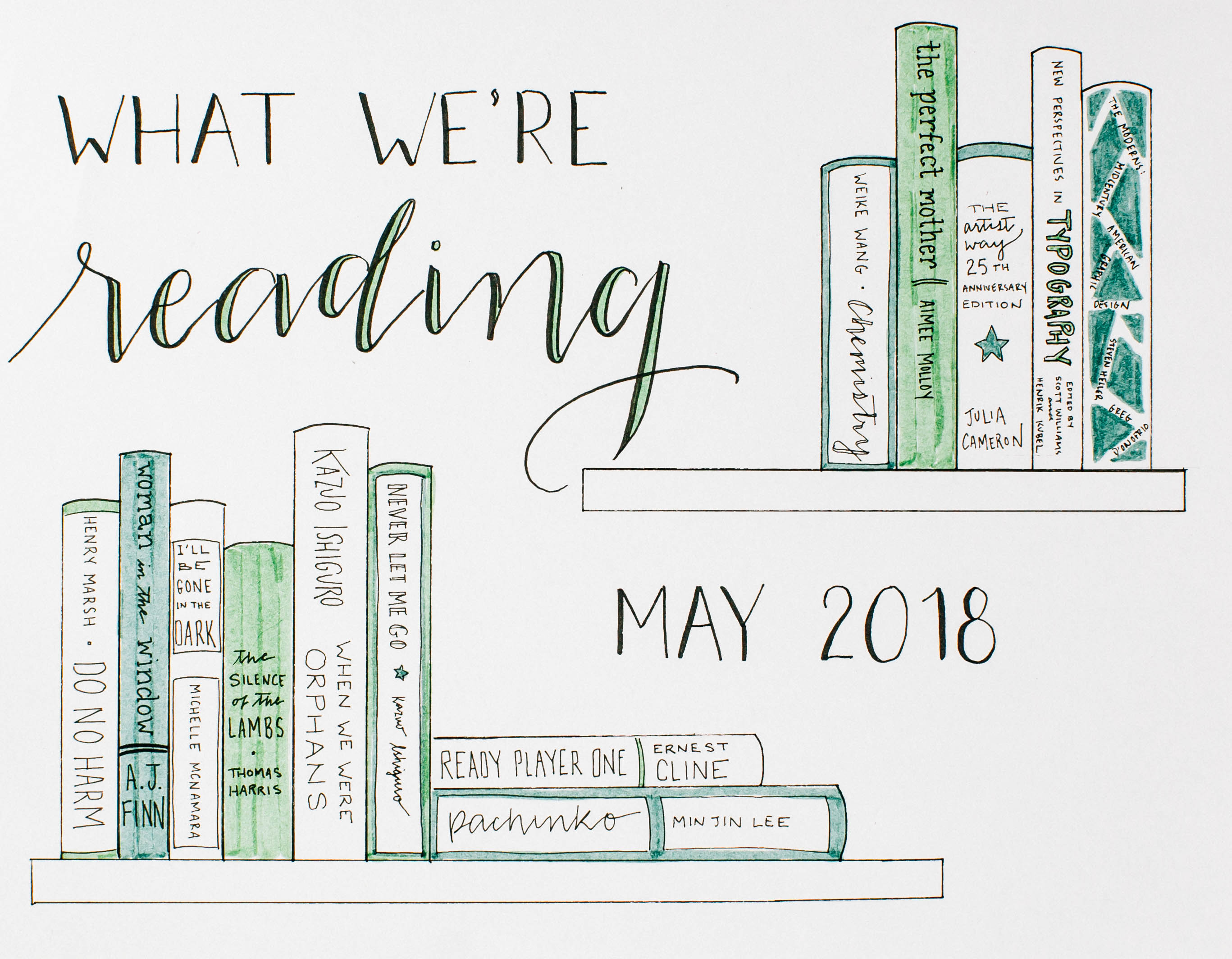 A colorful and creative drawing of a bookshelf displaying the titles and authors of books being read in may 2018, presented with an artistic header that states "what we're reading.