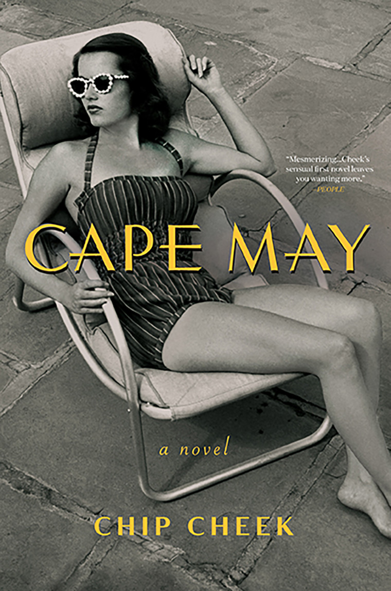 A woman lounges elegantly on a pool chair, her summer style accentuated with fashionable sunglasses, as she graces the cover of "cape may," a novel by chip cheek.