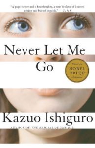 A book cover of "never let me go" by kazuo ishiguro, featuring a close-up of a person's eyes looking upward, with evocative quotes praising the novel.