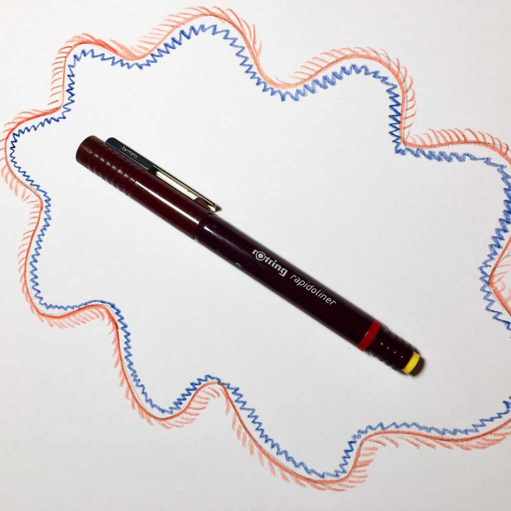 A pen lying on a piece of paper surrounded by a playful, wavy border drawn in blue and red zigzag patterns.
