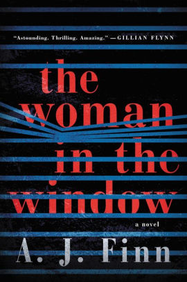 A book cover for the novel "the woman in the window" by a.j. finn, featuring a striking design with the title text obscured by horizontal lines, creating a sense of mystery and suspense.