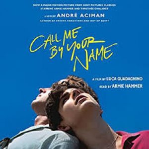 A movie poster featuring two individuals lying down, with their heads close together against a clear blue sky, promoting the film "call me by your name.