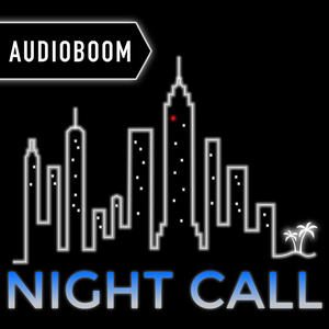 An illustration of a stylized city skyline at night with a palm tree on the right, featuring the words "audioboom" with an arrow pointing right and "night call" below in neon light-inspired font.
