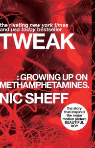 The image displays the cover of a book titled "tweak: growing up on methamphetamines" by nic sheff. the cover has a striking red background with chaotic white lines, suggesting turmoil or stress, which is fitting for the book's subject matter. there is a tagline noting that this book inspired the story for a motion picture called "beautiful boy.
