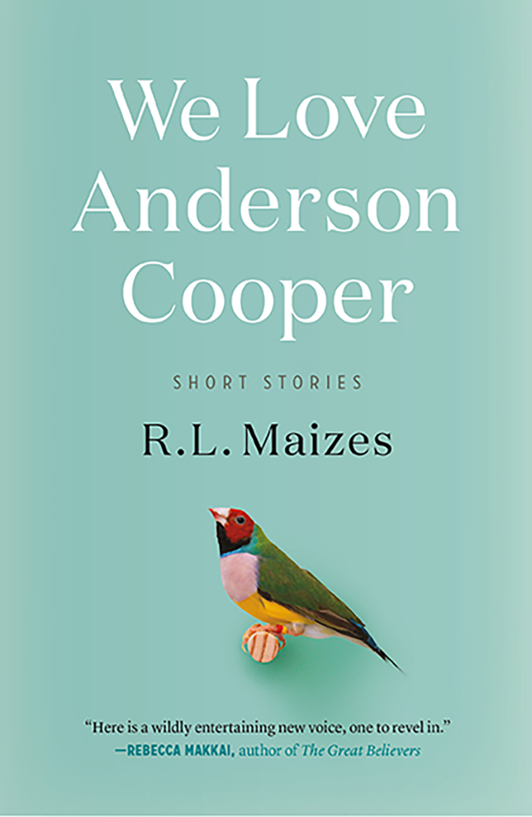 An engaging book cover featuring a colorful bird with a human face, titled "we love anderson cooper" by r.l. maizes.