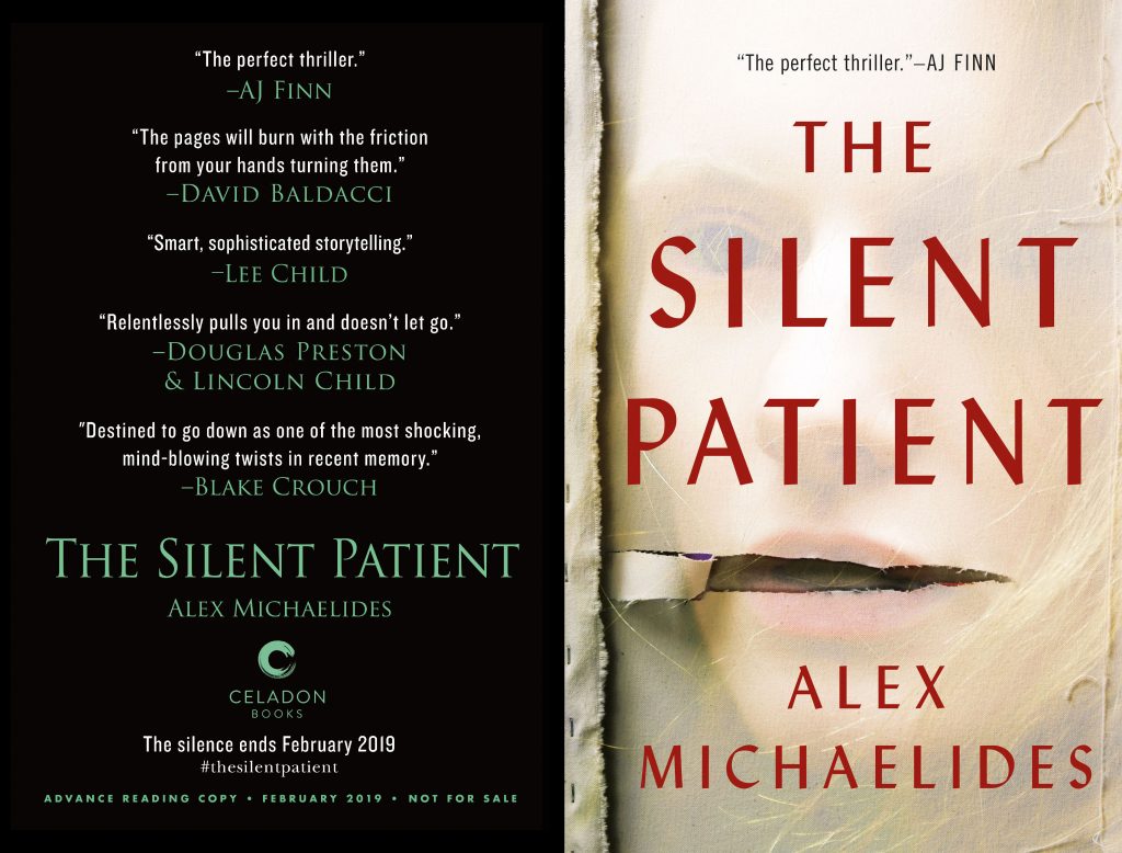 A close-up of a book cover titled "the silent patient" by alex michaelides, featuring glowing praise from authors and reviewers, with a fragmented, mysterious face partially visible behind the title text.