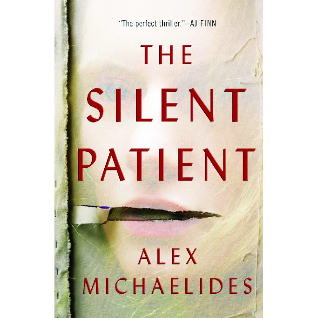 A book cover for "the silent patient" by alex michaelides, featuring a partially visible face with a finger over the lips, indicating silence.