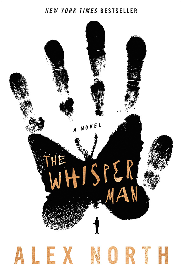 Intriguing book cover for 'the whisper man' by alex north featuring a butterfly silhouette made of fingerprint patterns and a solitary figure beneath, teasing a mysterious and suspenseful novel.