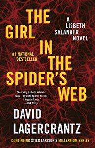 The cover of 'the girl in the spider's web' by david lagercrantz, featuring a web-like design with bold red and yellow tones highlighting the title, which indicates it's a continuation of stieg larsson's millennium series featuring the character lisbeth salander.
