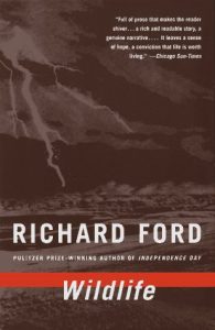 The cover of the book "wildlife" by richard ford, featuring dark, moody colors and an image of what appears to be a natural, rugged landscape, with a recommendation from the chicago sun-times praising the richness and genuine narrative of the story.