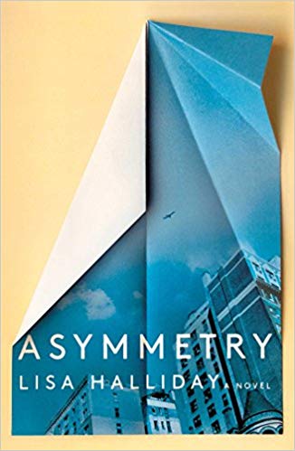 Cover of the novel "asymmetry" by lisa halliday, featuring a paper page being turned to reveal a cityscape with a clear blue sky above, and the silhouette of a bird flying.