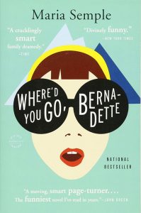 A stylish book cover design for maria semple's "where'd you go, bernadette" featuring a minimalist illustration of a woman with oversized sunglasses, bold graphic elements, and critical acclaim quotes.