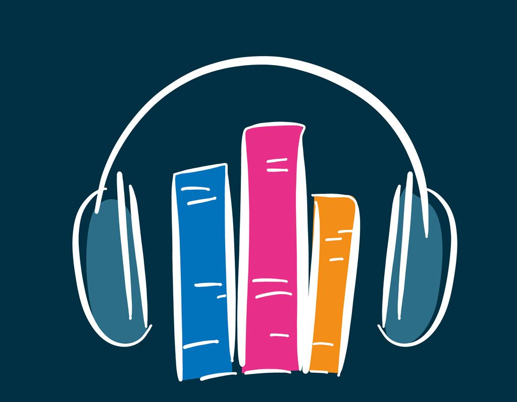 Audiobook concept with colorful books surrounded by headphones, symbolizing listening to books.