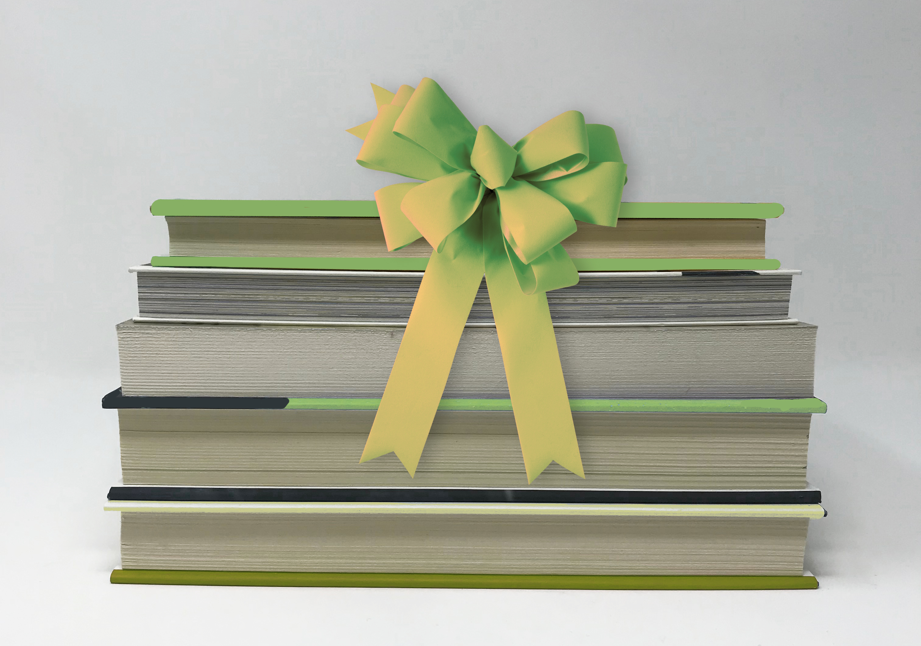 A stack of books tied together with a green and yellow ribbon bow, symbolizing a thoughtful gift for a book lover.