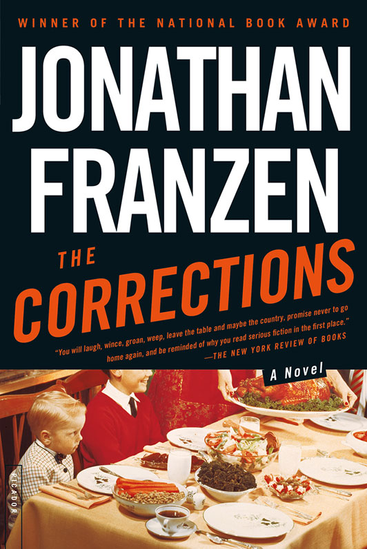 A family gathered around a dinner table in a vintage setting on the book cover for "the corrections," a novel by jonathan franzen, acclaimed with the national book award.