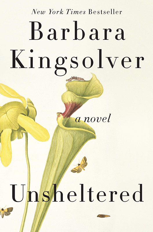 Cover of the novel 'unsheltered' by barbara kingsolver, depicting an illustration of a venus flytrap and surrounding insects against a pale background.