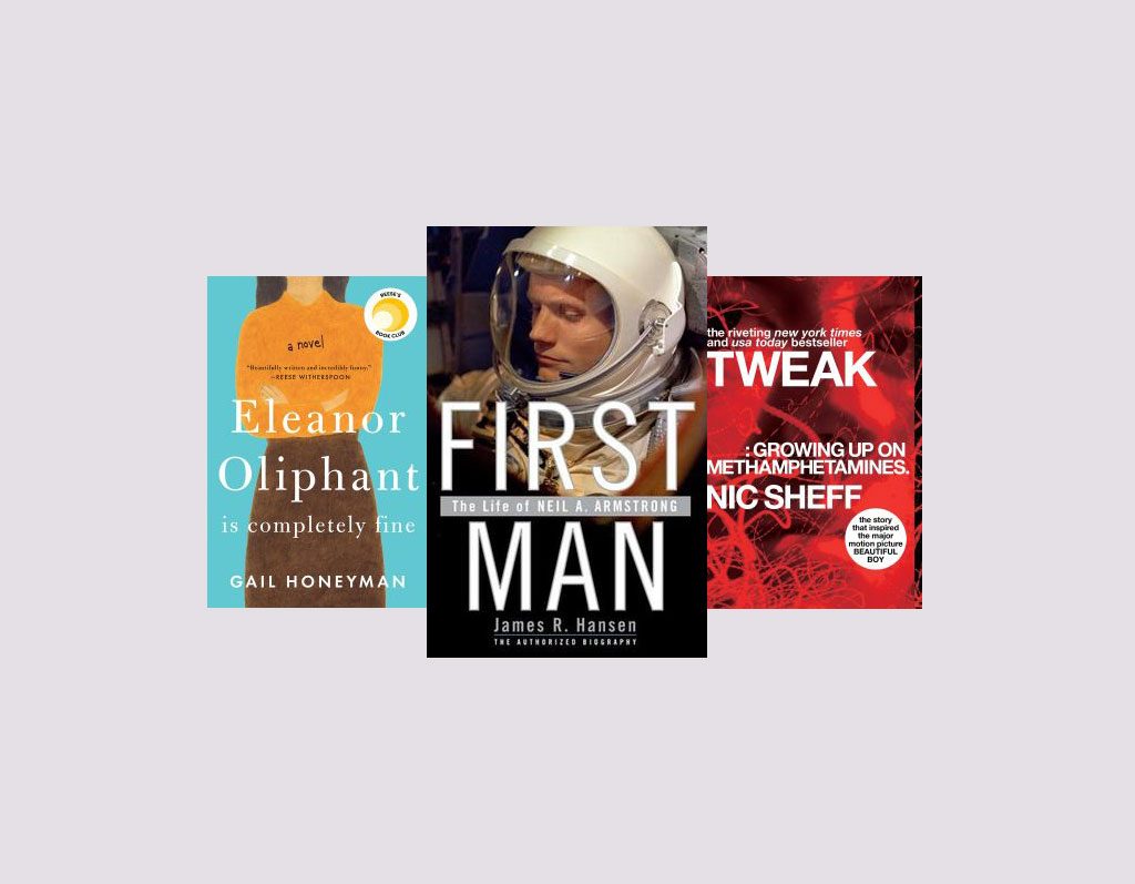A collection of four book covers showcasing a variety of genres, including a biography of neil armstrong, memoirs, and a novel.