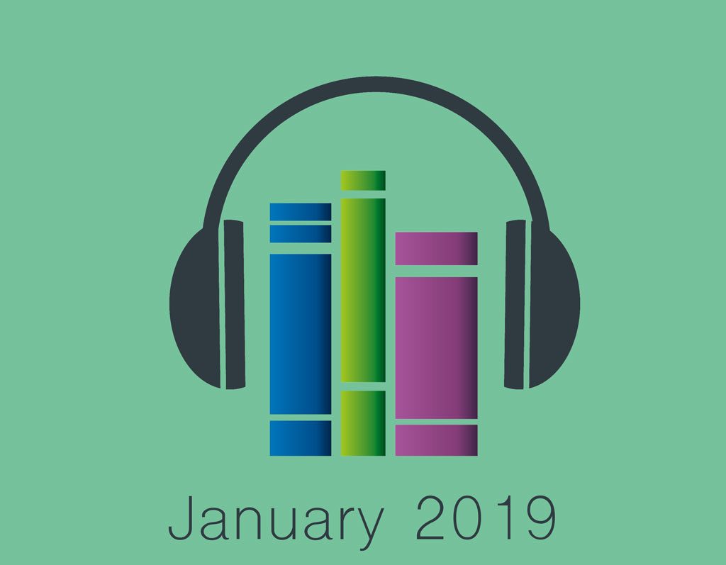 Colorful bar graph wearing headphones on a sea-green background, indicating a theme of music or audio data analysis for january 2019.