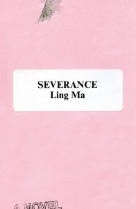 A minimalist book cover design for "severance" by ling ma, featuring a pale pink background with a centered title label.
