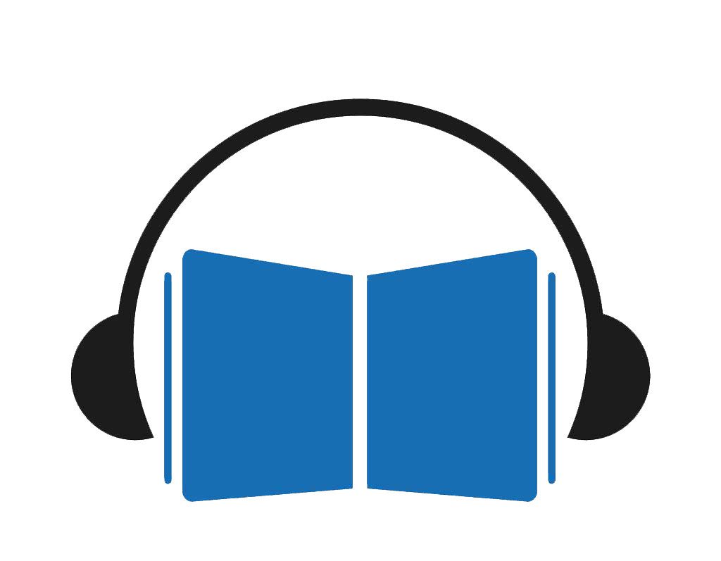 A graphic illustration of a book wearing headphones, symbolizing audiobooks or the concept of listening to written content.
