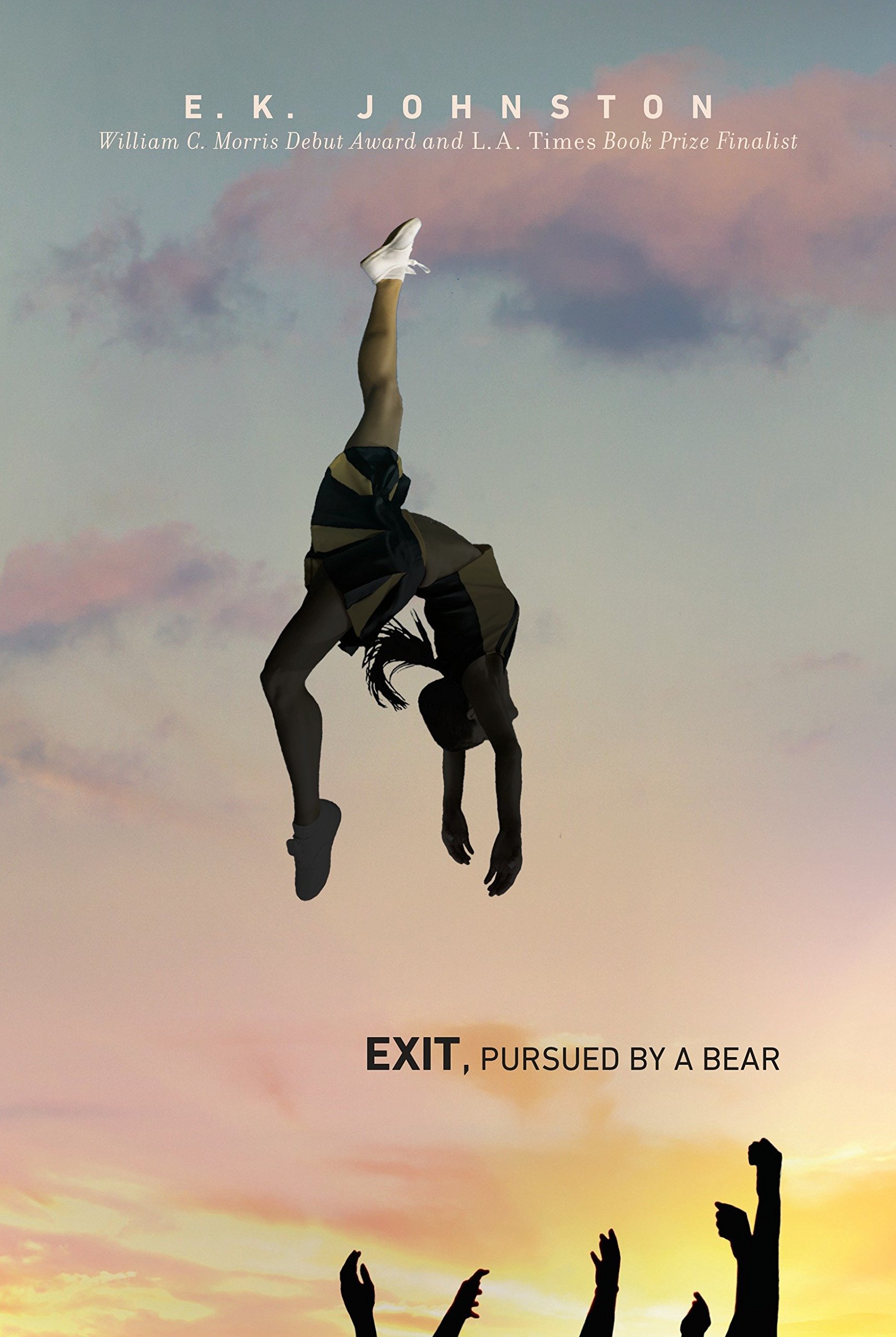 A silhouette of a cheerleader caught mid-tumble against a twilight sky, symbolizing a moment of intense drama or transition, representing the essence of the novel 'exit, pursued by a bear' by e.k. johnston.