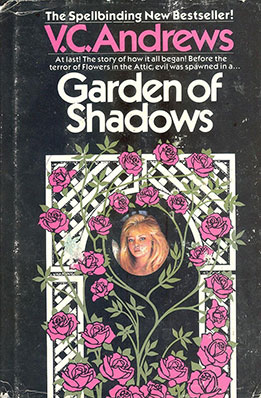 A book cover titled "garden of shadows" by v.c. andrews featuring an ornate frame with roses surrounding an image of a woman's face, set against a dark background with gothic lettering.