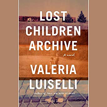 The cover of valeria luiselli's novel "lost children archive," featuring a layered design with warm tones that suggest a blend of landscapes, possibly evoking themes of journey, memory, and the passage of time.