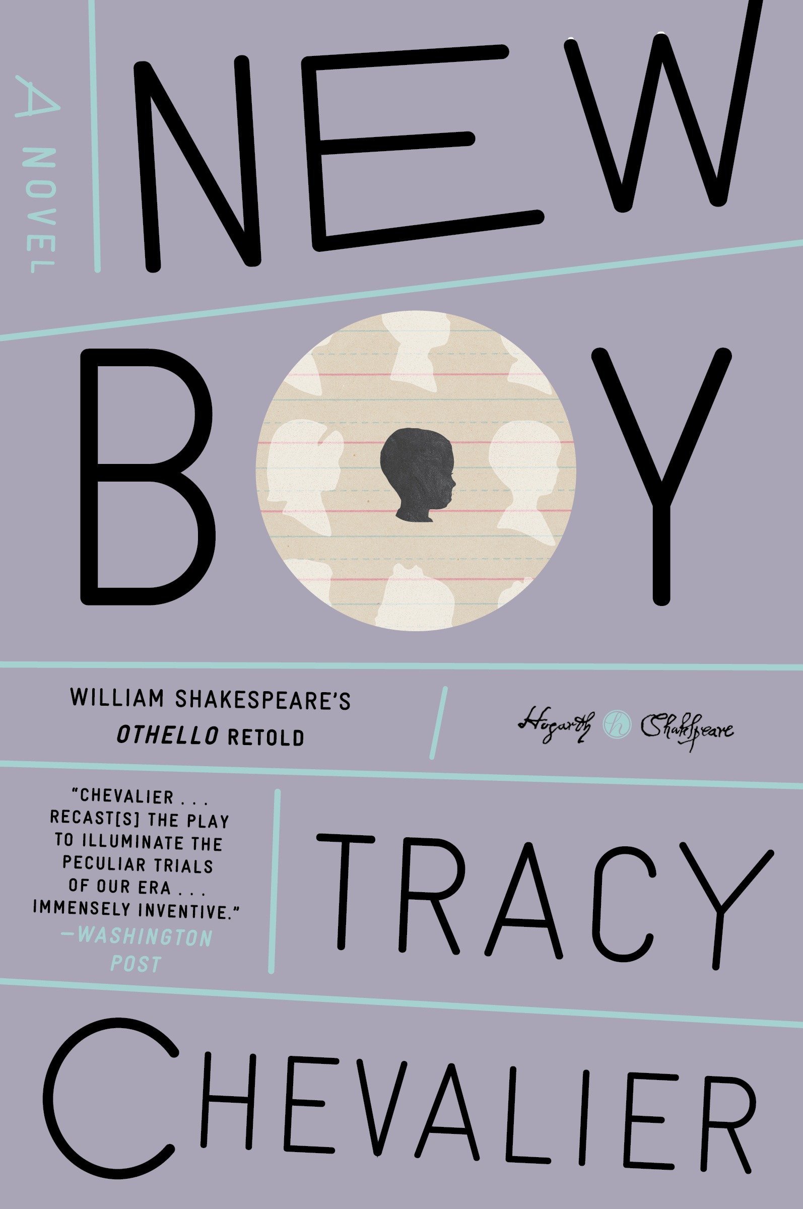 A modern book cover design for a novel entitled "new boy," which is a retelling of william shakespeare's play "othello" as quoted by tracy chevalier, set against a backdrop of geometric lines and featuring a silhouette of a boy within a circle at the center.