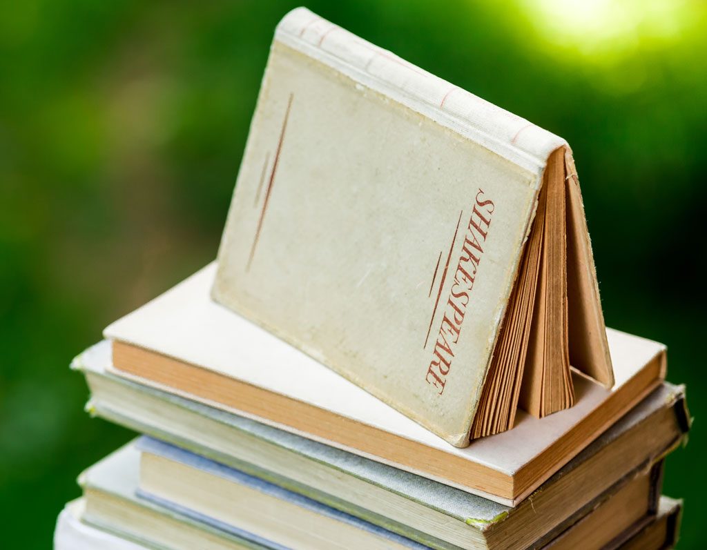 A stack of hardcover books in a natural setting with the top book opened and resting face down.