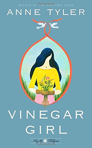 Illustrated book cover featuring a woman in a yellow top standing in front of a blue background, holding a small potted plant, with a symbolic two-headed bird above her. the title "vinegar girl" is prominently displayed along with the author's name, anne tyler, and a note of her pulitzer prize win.