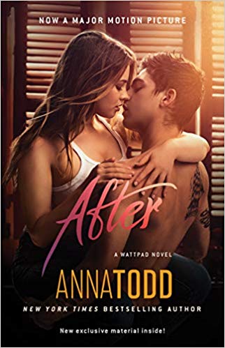A book cover featuring a romantic moment between a young couple with the title "after" by anna todd, indicating that it is a wattpad novel and includes new exclusive material. the cover also mentions that it is now a major motion picture.