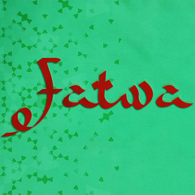 Red 'fatwa' text overlaid on a textured green background with geometric patterns.