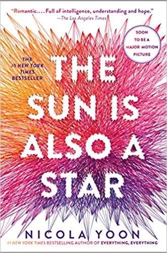 A colorful book cover design for "the sun is also a star" by nicola yoon, featuring an abstract pattern with radiating lines in a spectrum of warm and cool hues, suggesting a sense of interconnectedness and vibrancy. the cover includes critical acclaim quotes and a note that it's soon to be a major motion picture.
