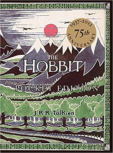 The hobbit" 75th anniversary pocket edition book cover featuring a stylized illustration of a landscape with mountains, forests, and a red sun, celebrating j.r.r. tolkien's classic fantasy novel.