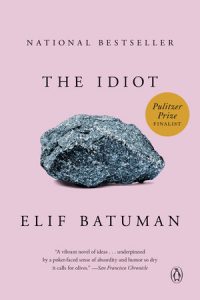 The idiot" - a novel by elif batuman, a pulitzer prize finalist, against a pink background with a prominent image of a dark, textured rock, evoking a sense of contrasting simplicity and depth.