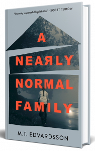 A haunting book cover featuring a lonely cyclist on a foggy road amidst the silhouettes of bare trees, evoking a sense of mystery and suspense for the novel "a nearly normal family" by m.t. edvardsson.