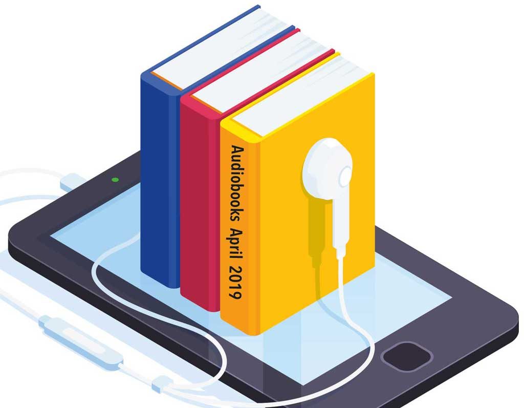 Isometric illustration of a smartphone with a pair of earphones and a stack of colorful books labeled as audiobooks, symbolizing digital reading and listening.