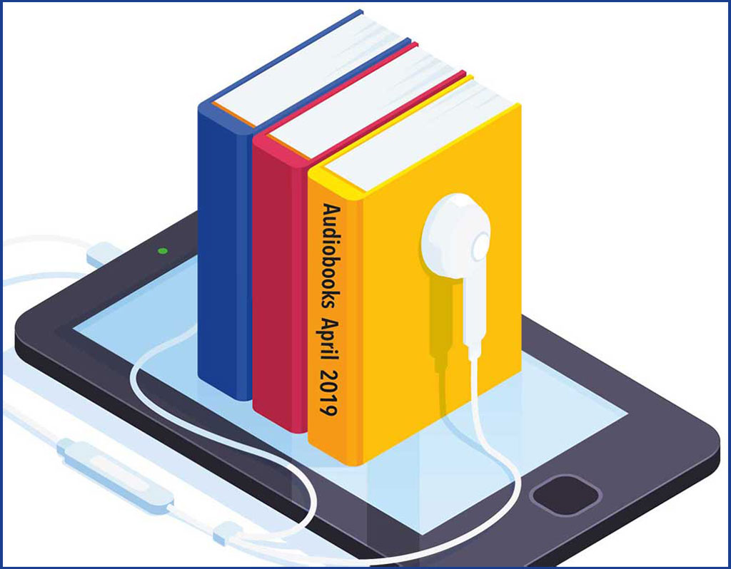 Digital meets traditional: a colorful illustration depicting a stack of books titled 'audiobooks april 2019' resting on a tablet with a pair of earphones, symbolizing the fusion of conventional reading with modern audio listening technology.