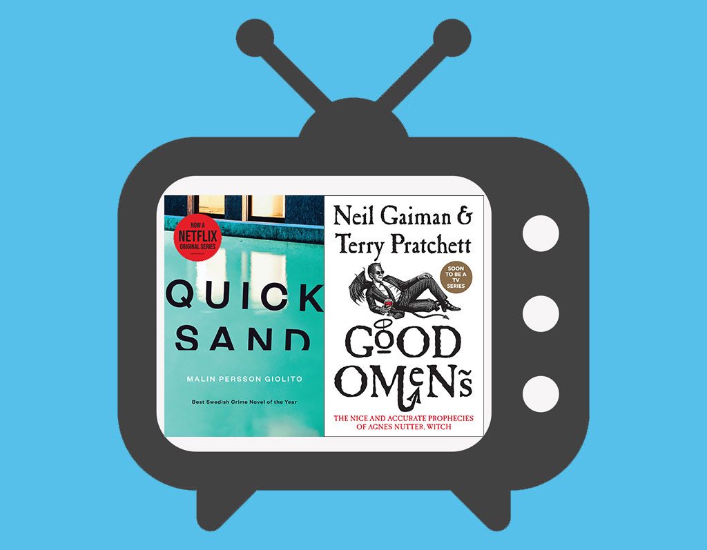 A retro television set with book covers as the screen display, featuring "quicksand" by malin persson giolito and "good omens" by neil gaiman & terry pratchett, symbolizing a fusion of literary works with tv adaptation concepts.