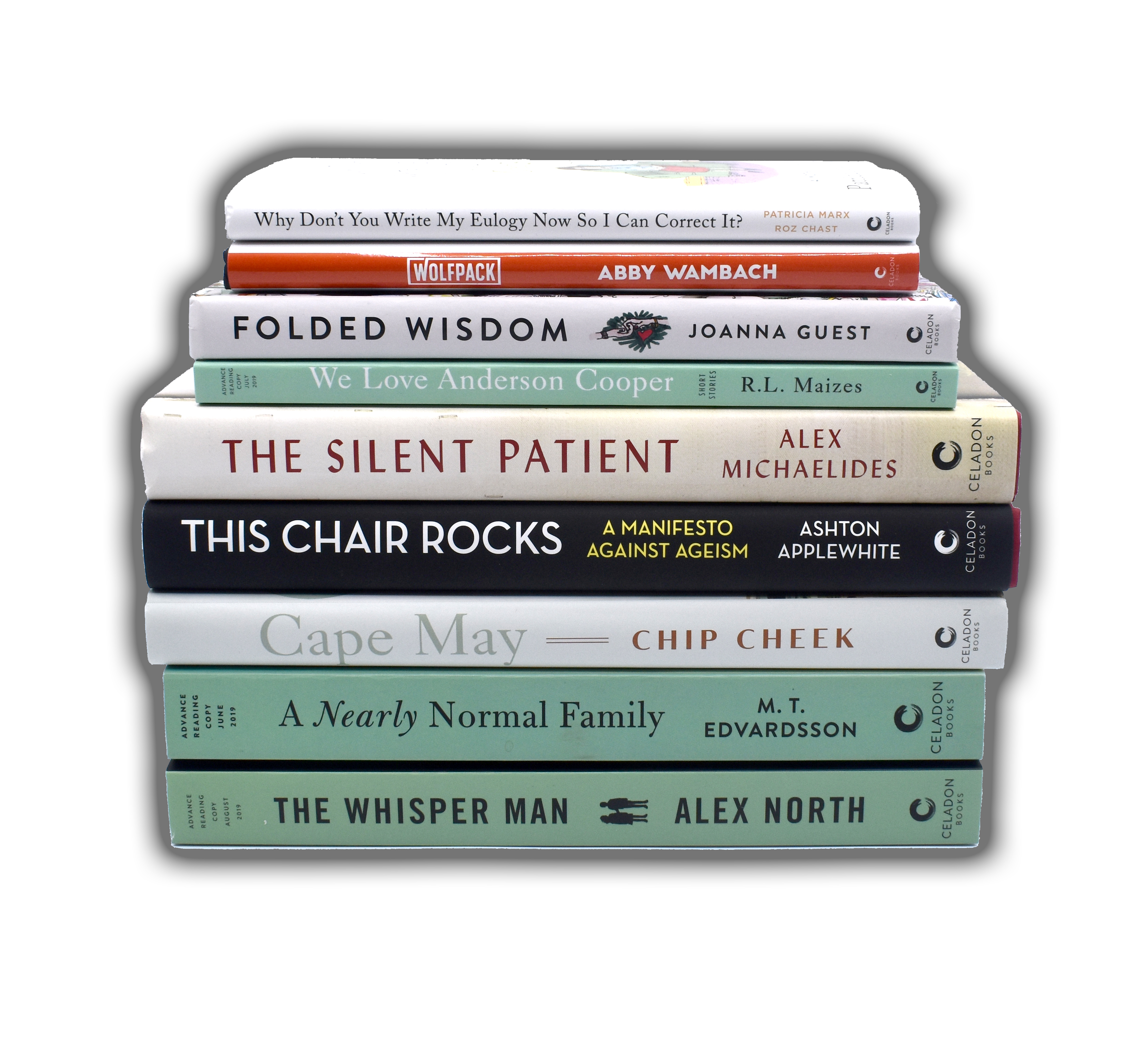 A stack of assorted books showcasing a variety of spines with different titles, colors, and authors, representing a diverse reading selection.