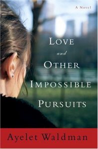 Contemplation in the park: a woman gazes into the distance, lost in thought against the backdrop of a serene park, on the cover of ayelet waldman's novel 'love and other impossible pursuits'.