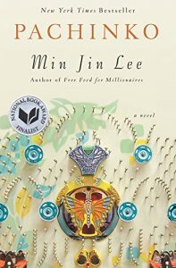 Book cover of "pachinko" by min jin lee, adorned with a colorful design of pachinko pins, balls, and butterfly motifs, featuring accolades such as being a national book award finalist.