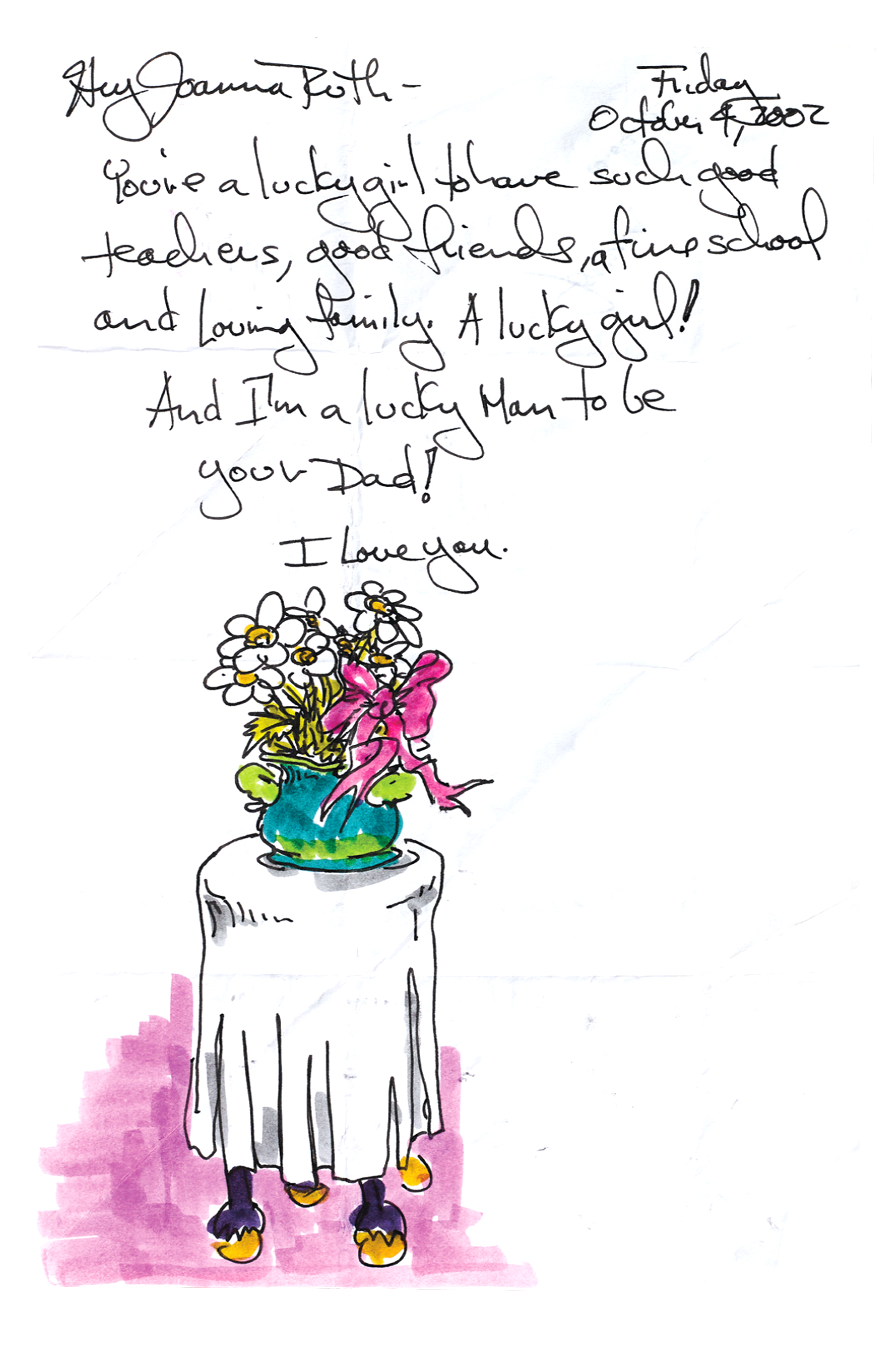 A handwritten note expressing love and gratitude, accompanied by a whimsical drawing of a colorful bouquet of flowers in a vase, placed on a draped table with shoes peeking out from underneath.