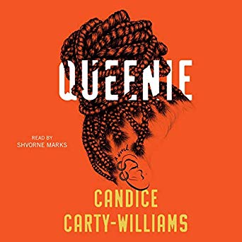 The image shows the cover of an audiobook titled "queenie" by candice carty-williams, read by shvorne marks. the cover features stylized lettering of the title "queenie" with a graphic that appears to be a silhouetted profile of a woman with an elaborate braid or twist hairstyle, set against a vibrant orange background.
