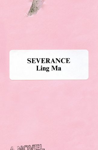 A pink book cover with a white label featuring the title "severance" in bold black text and the author's name "ling ma" beneath it. the cover has a minimalist design with a small tear on the upper left side, revealing a different texture or layer underneath.