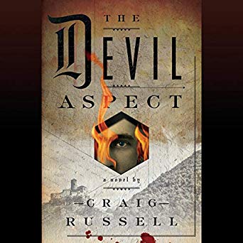 A haunting book cover for "the devil aspect" by craig russell, featuring a sinister eye peering through a keyhole-shaped tear overlaid on a castle, invoking a sense of mystery and psychological thriller elements.