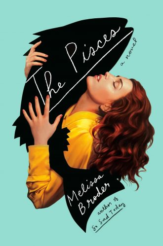 Embrace your story: a woman in a yellow top lost in the pages of her own narrative, depicted metaphorically as she holds a book-shaped silhouette against a teal background, highlighting the intimate connection between the reader and the tale of 'the pisces'.