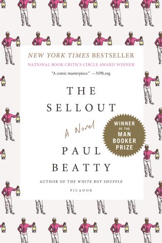 A book cover for "the sellout" by paul beatty, featuring a repeated illustration of a man holding a watermelon slice, with accolades such as the winner of the man booker prize and a quote from npr.org.