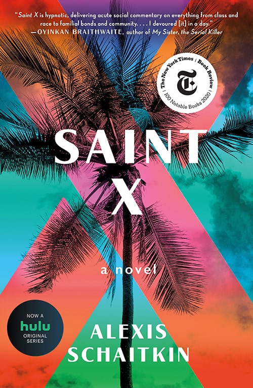 A captivating book cover for "saint x" by alexis schaitkin, featuring a stark contrast of vividly colored palm leaves against a deep pink and blue sky backdrop, hinting at the novel's setting in a tropical location while invoking a sense of mystery and intrigue.